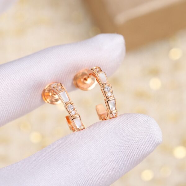 Bvlgari semi-circular rose gold earrings with inlaid imported faux diamonds and white mother-of-pearl